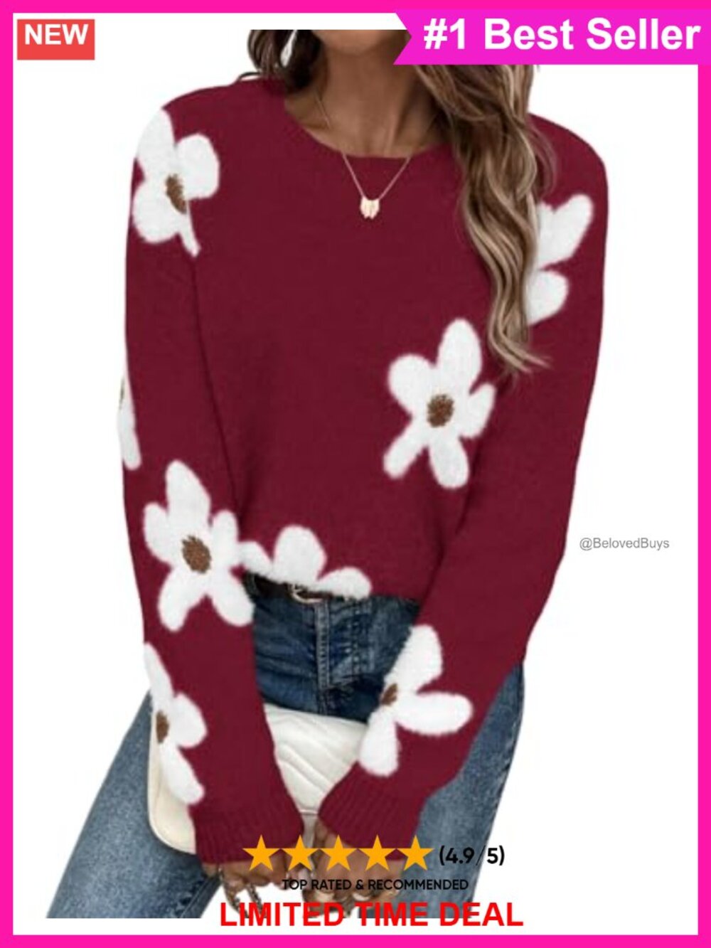 Womens Floral Chunky Knit Sweater Oversized Crew Neck Long Sleeve Pullover